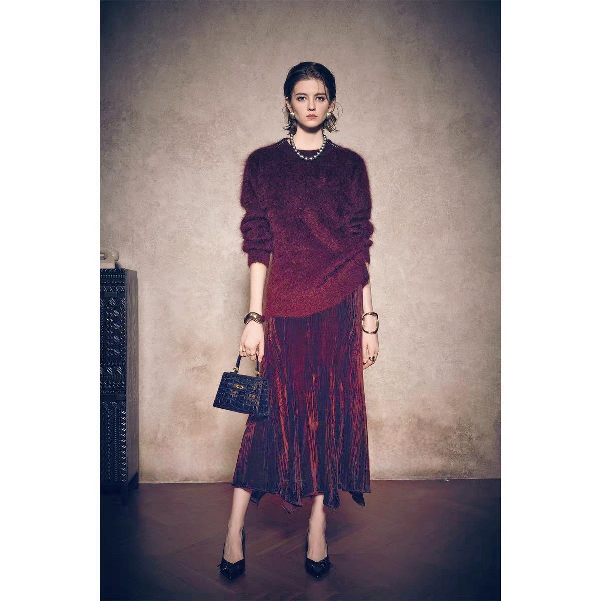 

Velvet Asymmetrical Fishtail Maxi Skirt with Iridescent Sheen and Heavy Embroidery - Women s Autumn/Winter Collection Medium