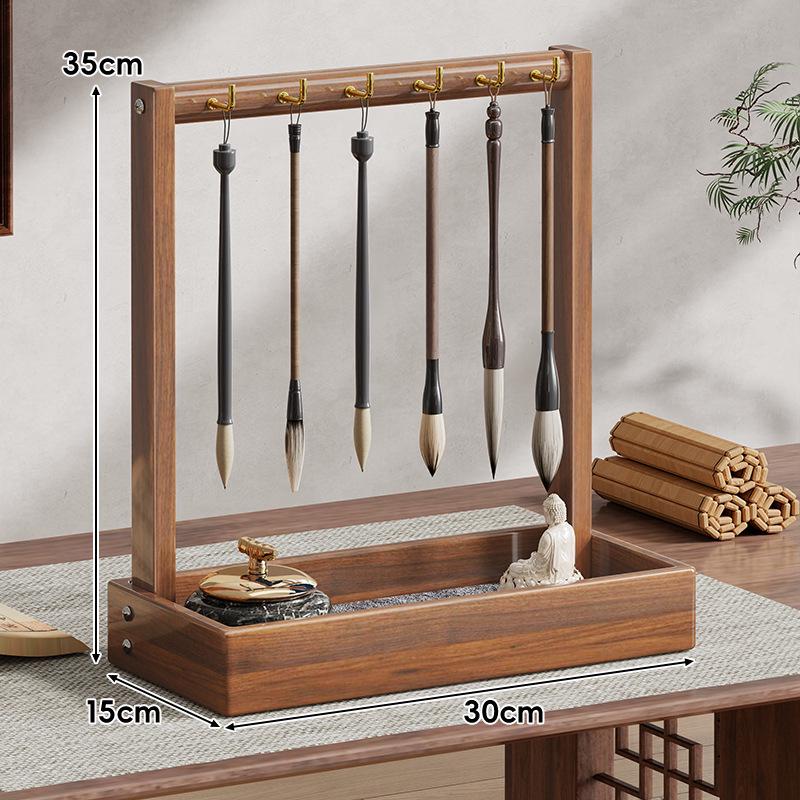 Solid Wood Calligraphy Brush Holder: Desktop Pen Rack with Scholar's Treasures Ornament and Metal Hook Design.
