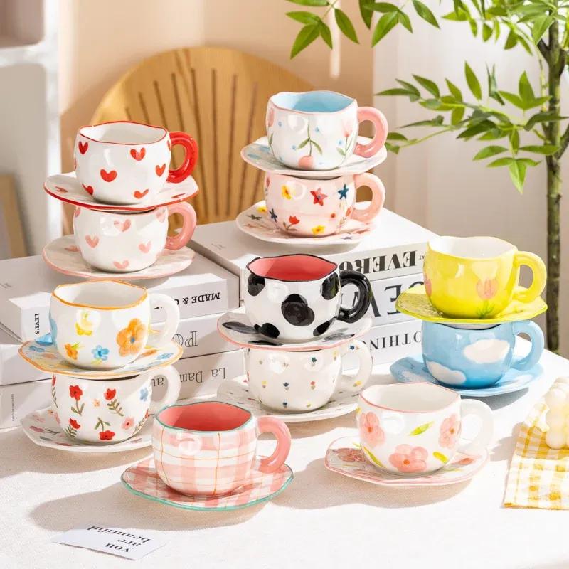 12 Styles Creative Cute Ceramic Mug Espresso Coffee Cup with Saucer Hand Pinched Irregular Flower Clouds Breakfast Milk Tea Cups