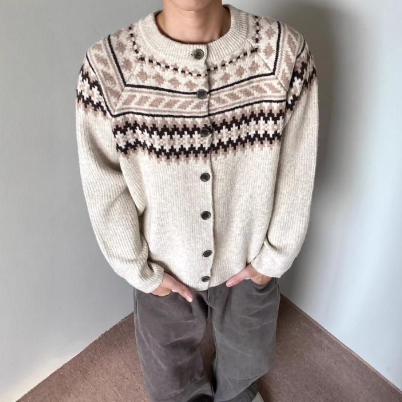 

Fair Isle Crew Neck Cardigan Sweater Unisex Knit Jacquard Coat Autumn Winter New Arrival Loose Raglan Long Sleeve Top L хакі