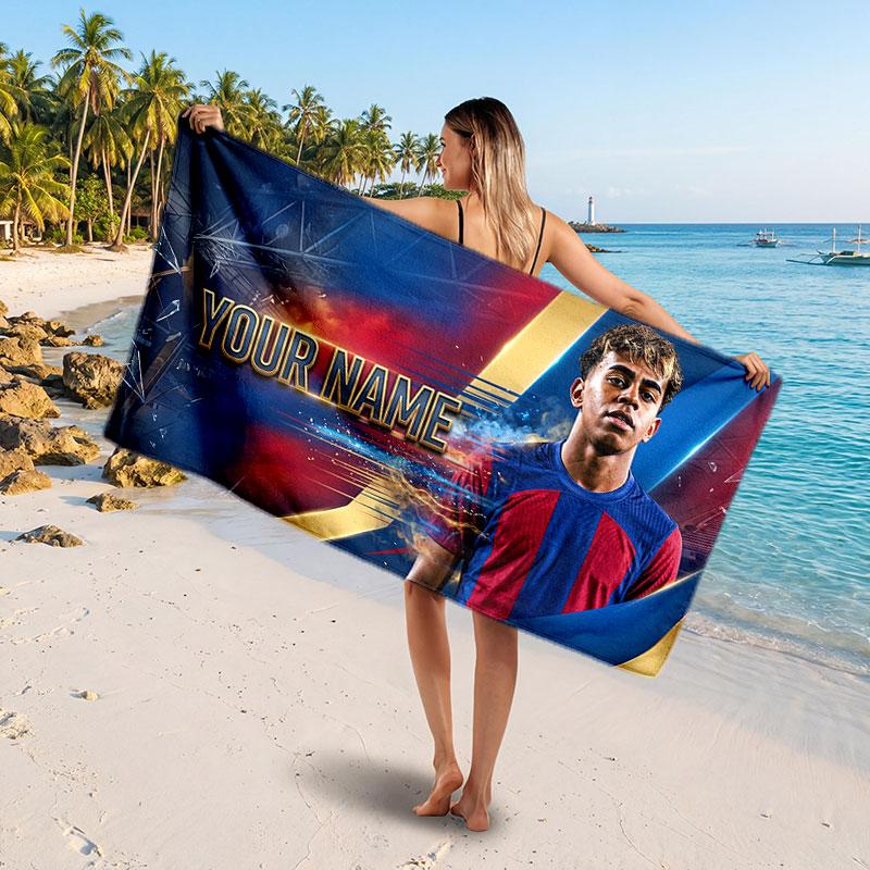 Asciugamano da Spiaggia Personalizzato Lamine Yamal, Stampa Testo Nome Personalizzato, Asciugamano Morbido ad Asciugatura Rapida con Logo Calcio, Regalo per le Vacanze