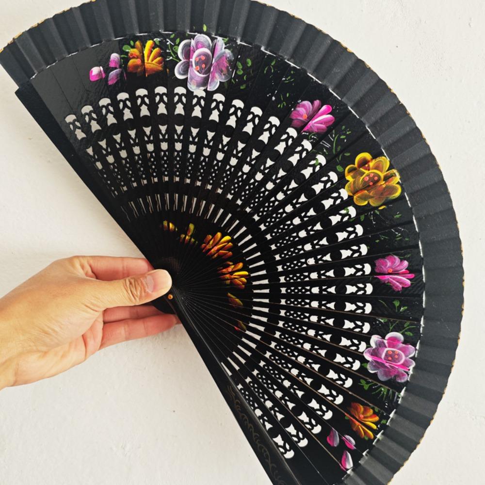 

Antique Spanish Wooden Fan Traditional Folding Fan Hand Crafted Handheld Fan Stage Performance чорний