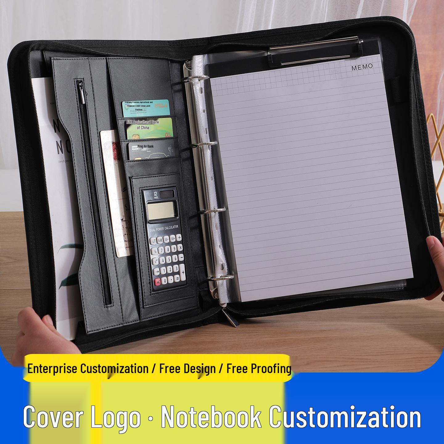 A4 Leather Multifunctional Business Binder with Double Layer Storage and Document Holder чёрный