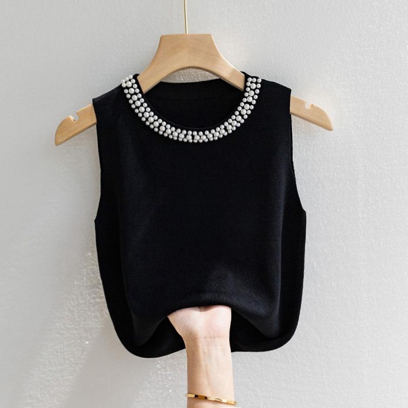 Elegant Women Sleeveless Beading Knitted Sling Fashion Vest New Casual Tank Tops Female Bottoming Shirt Camis Beads Knitted Sweater Tops 2465