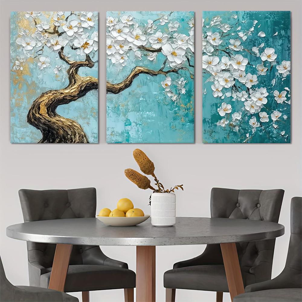 

3 pieces of modern minimalist hand-painted three-dimensional relief cherry blossom tree canvas decoration painting living room e (as the picture,20x30cm No Frame)