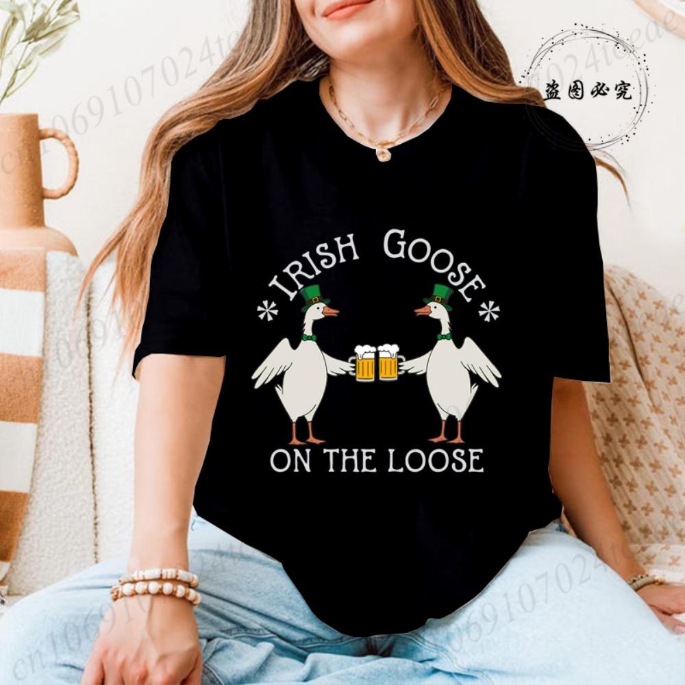 Lucky Goose on The Loose Printed Tshirt Shirt for Women St Patrick's Day T-Shirts Short Sleeve Drinking Goose Fashion Tops Tees