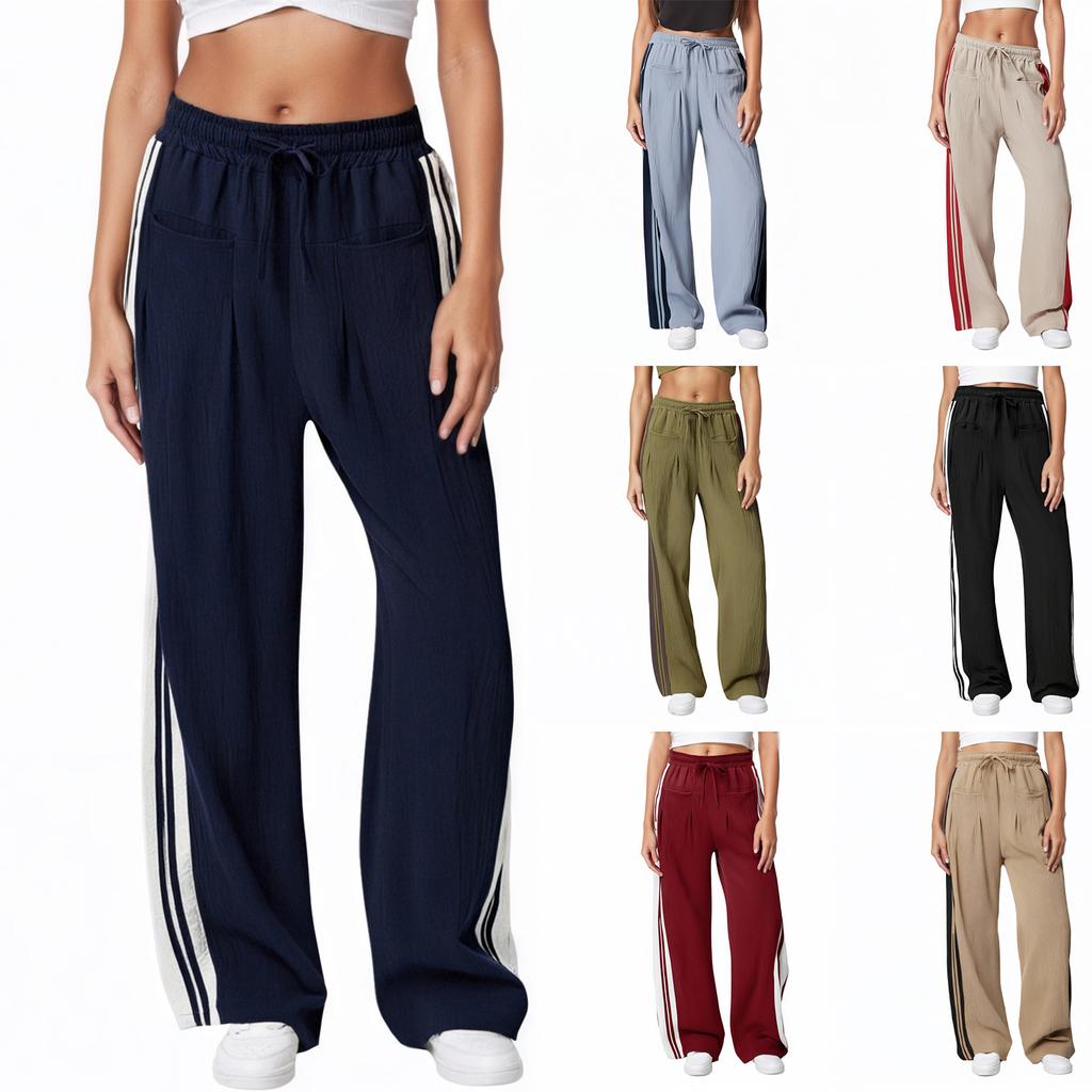 Women's Striped Side Loose Pants, Casual Waist Cinched Slanted Pocket Loose Pants