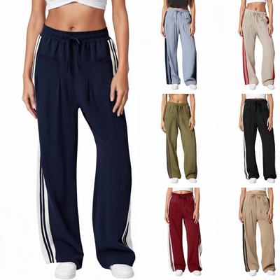 Women's Striped Side Loose Pants, Casual Waist Cinched Slanted Pocket Loose Pants
