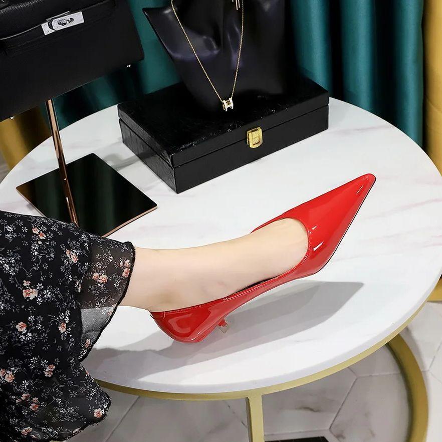 fashion Women Original Working Heels Patent Leather Low Cutter Shiny Pumps Long Toe Shallow Mouth Slip-On In Red White Null Dress Shoes