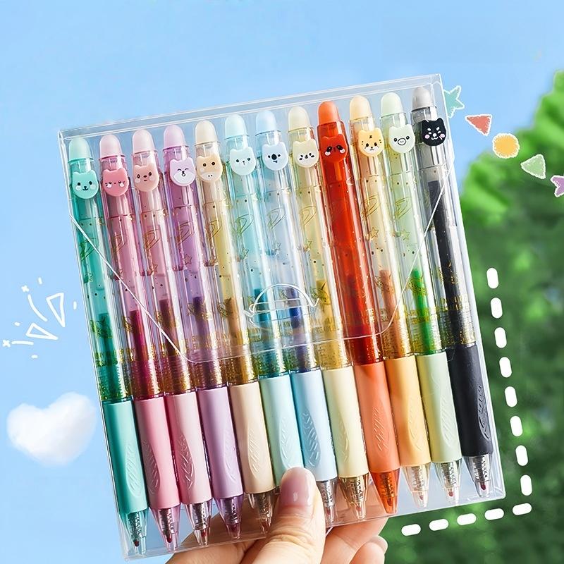 6/12 Colors Glitter Thermo-Erasable Gel Pens Retractable Push-Type Quick-Dry Smooth Writing 0.5mm Black & Assorted Ink