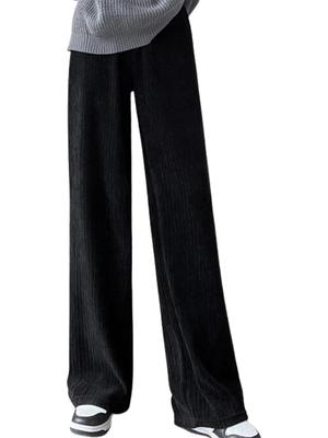 Moilyuko Corduroy Long Pants with Fleece Straight Loose Mo98 Size Women's Pants, Wide-Leg Lining, Warm, Ribbed, Fit, Fit, (JP, Alphabet, M, Black)