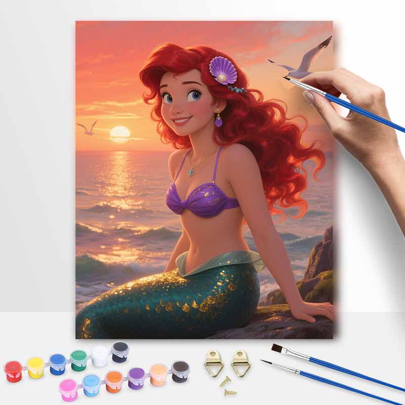 Disney The Little Mermaid Ariel Sunset Ocean Paint by Numbers Painting Art Kit Home Decor Gift 20x30cm