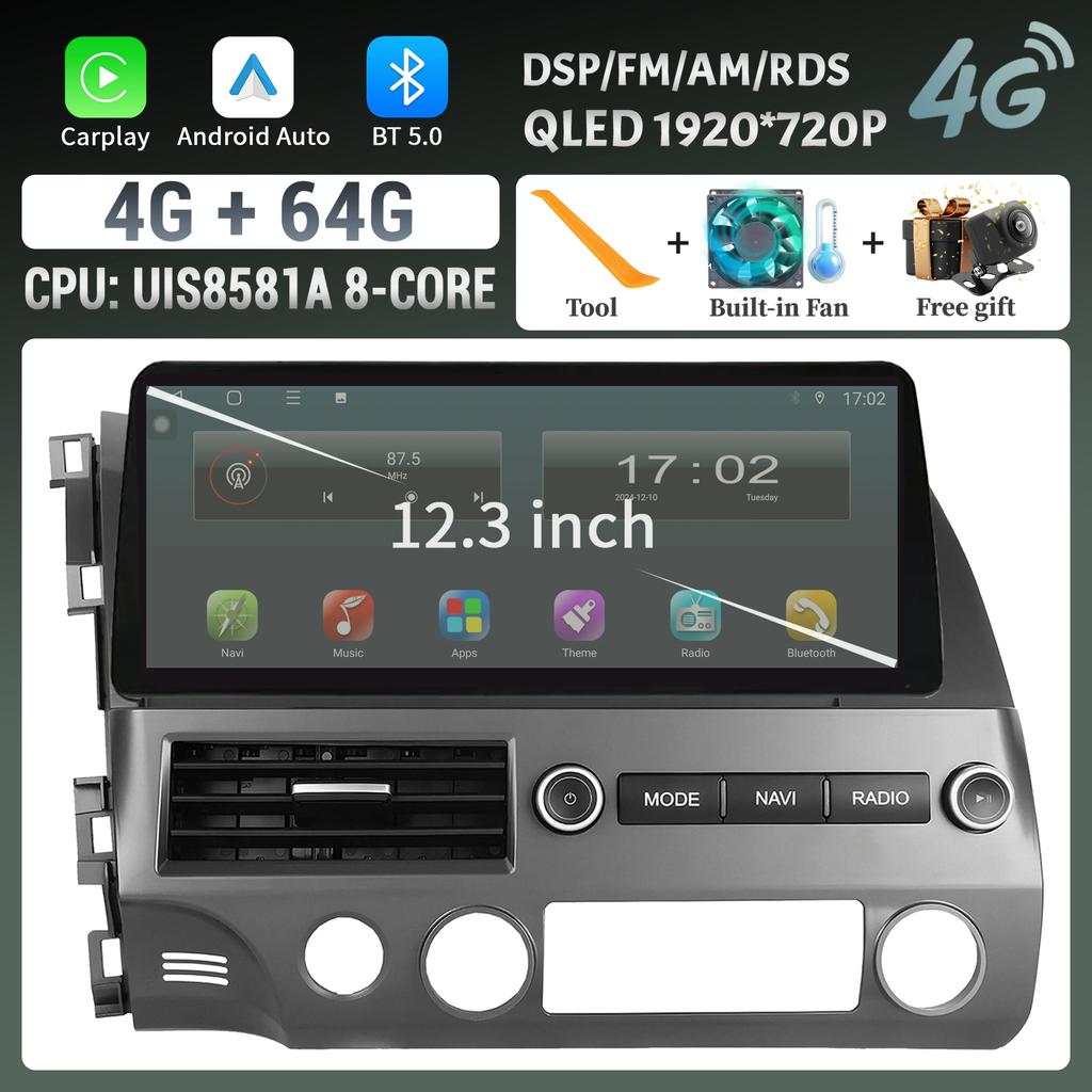 12.3" For Honda Civic 2005-2012 Car Radio Navigation Wireless BT CarPlay Android Multimedia 4G GPS Touch Head Unit Screen Stereo