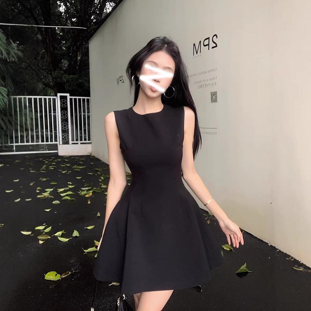 Temperament waist pure desire dress women's summer thin material sleeveless vest skirt bean green A-word short skirt high-end skirt