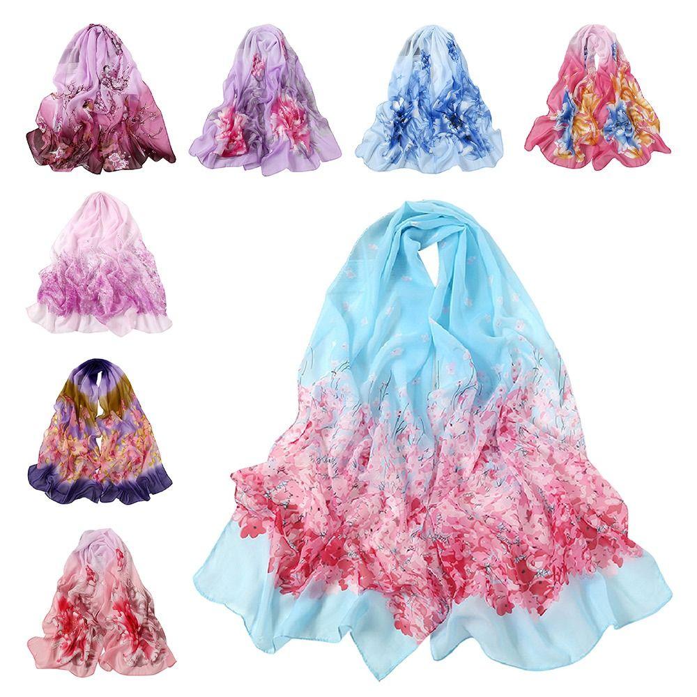 Elegant 160*50cm Chiffon Scarf Flower Print Sunscreen Long Wrap Shawl Gradient Washable Spring Summer Scarf for Women