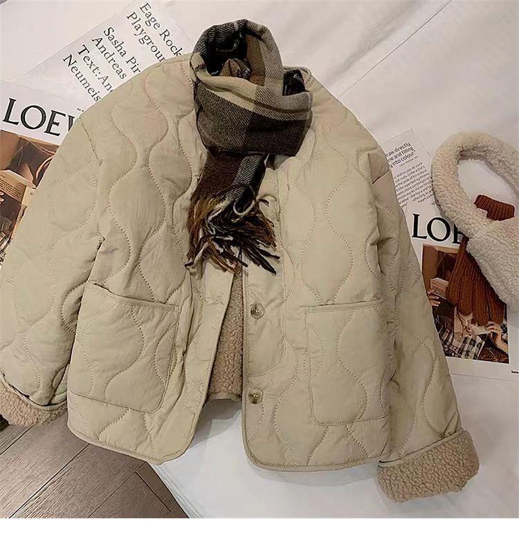 Zimní bunda nadměrné velikosti 2025 z jehněčí vlny s bavlněnou výplní - Korejský styl, Silná s kulatým výstřihem