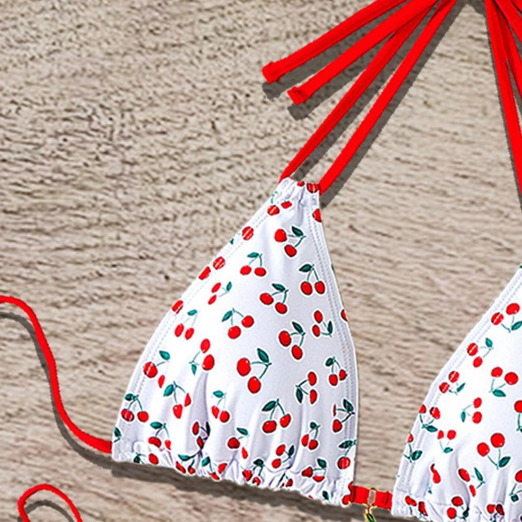 2024 Cherry Print Halter Tie-Back Backless Bikini Swimwear for Women
