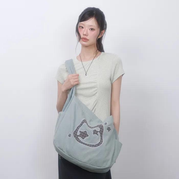 Cat Symbol Applique Washed Crossbody Bag LIGHT BLUE
