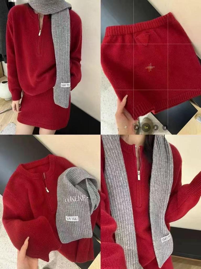 Korean Style Women's 100% Pure Wool Half-Zip Knit Suit: Autumn/Winter Fashion Casual Two-Piece Short Skirt Set