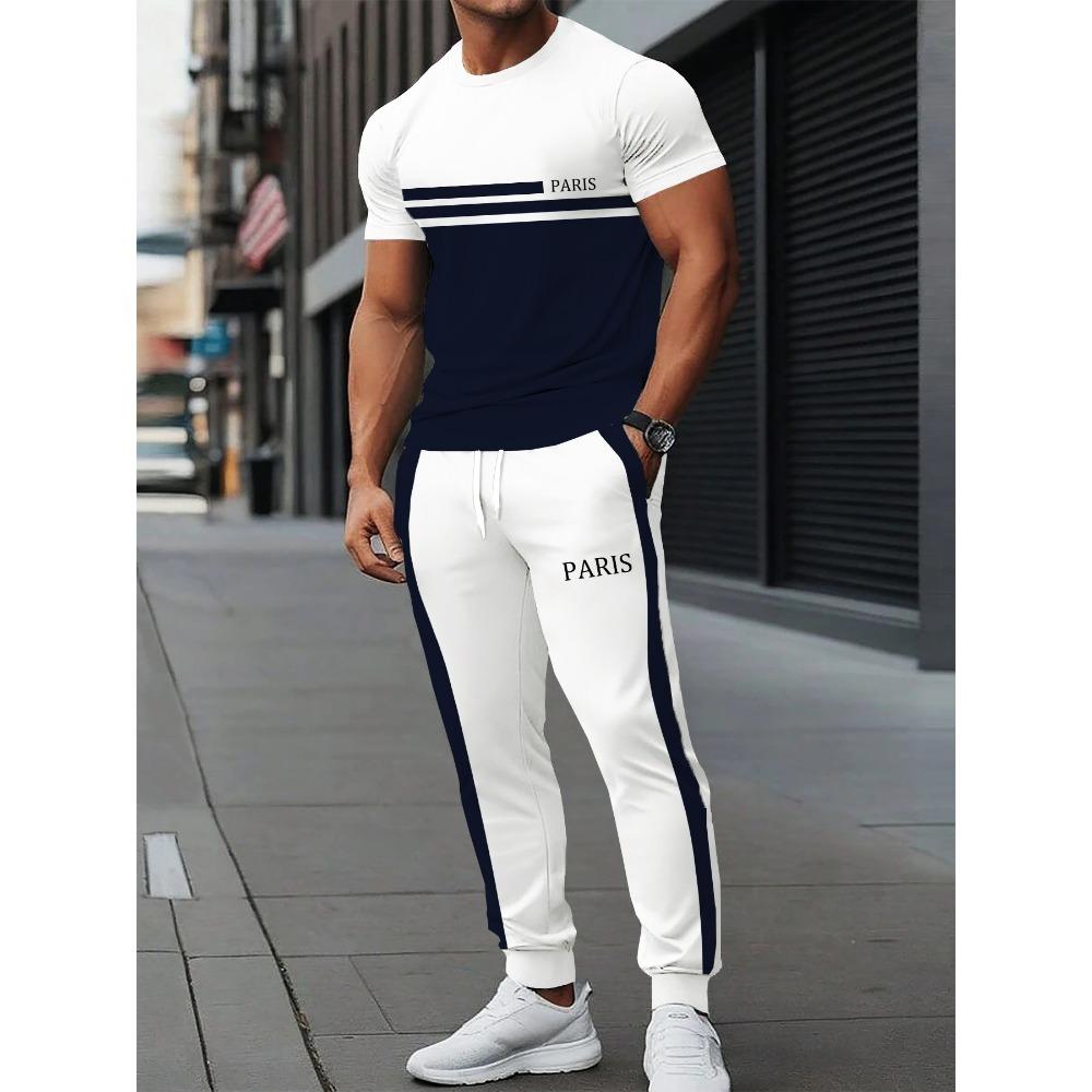Men s Polyester Breathable Round Neck T Shirt Pants Set Summer Outdoor Casual Sportswear S