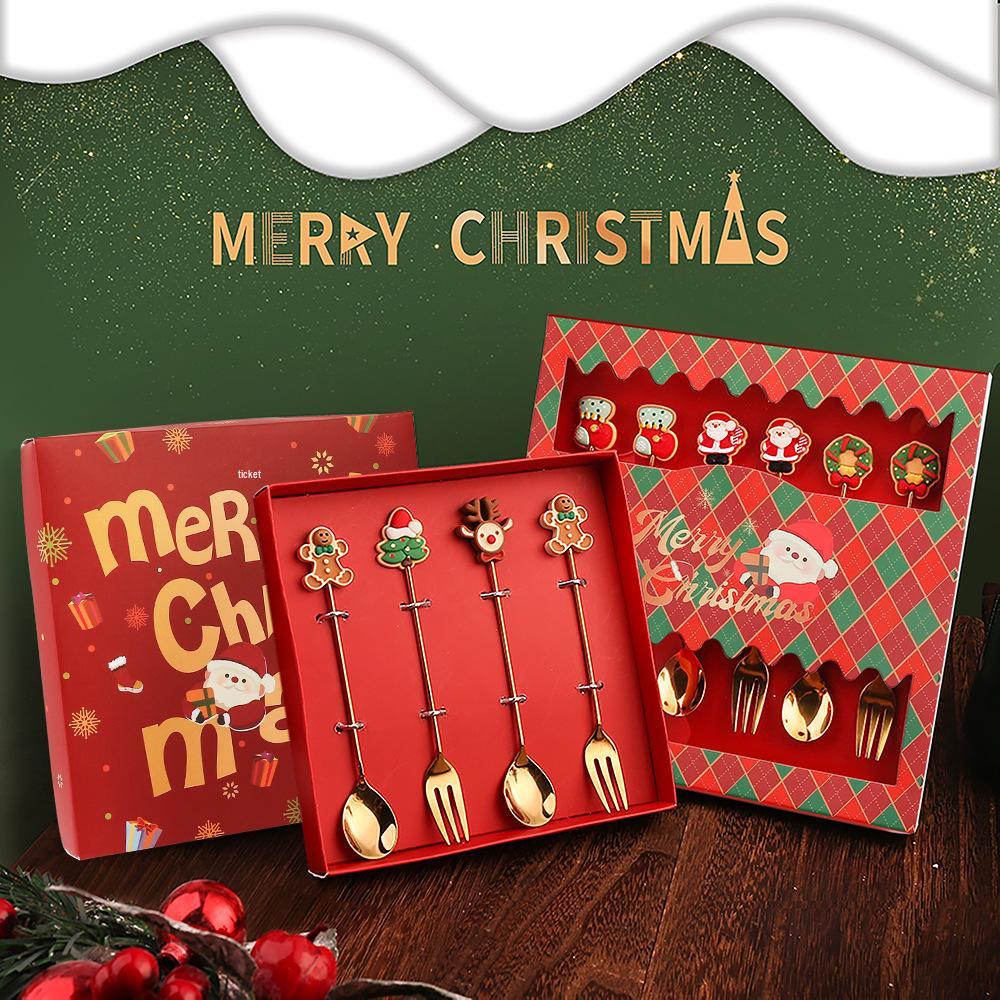 J Cross-border 430 Stainless Steel Christmas Dessert Spoon & Fork Set – Includes Ice Cream & Cake Utensils with Festive Elements