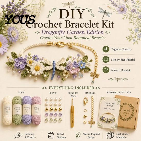 Handmade Accessory DIY Kit Crochet Bracelet Kit, Flower Craft Set with Beads, Yarn And Beads Floral Making for Beginners, Gift Beginners
