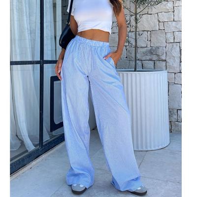 Frühling Sommer Strand Gestreiften Hose Casual Hosen Frauen Einfarbig Elastische Taille Lange Hosen
