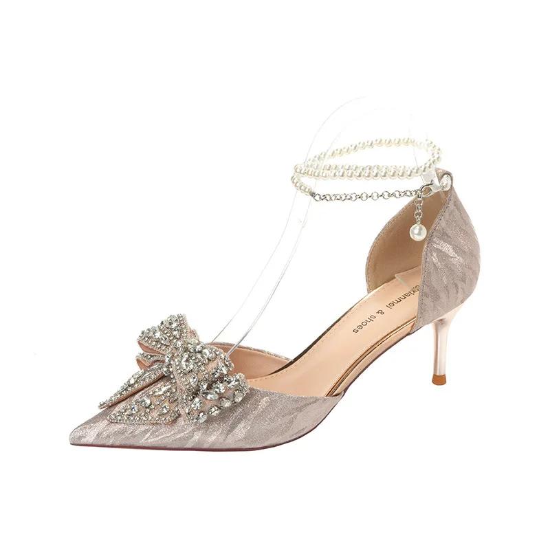 Spring Summer Fashion Pointed Toe Sandals Women's Rhinestone Pearl Butterfly Gold Silver High Heels Party Wedding Heeled Shoes