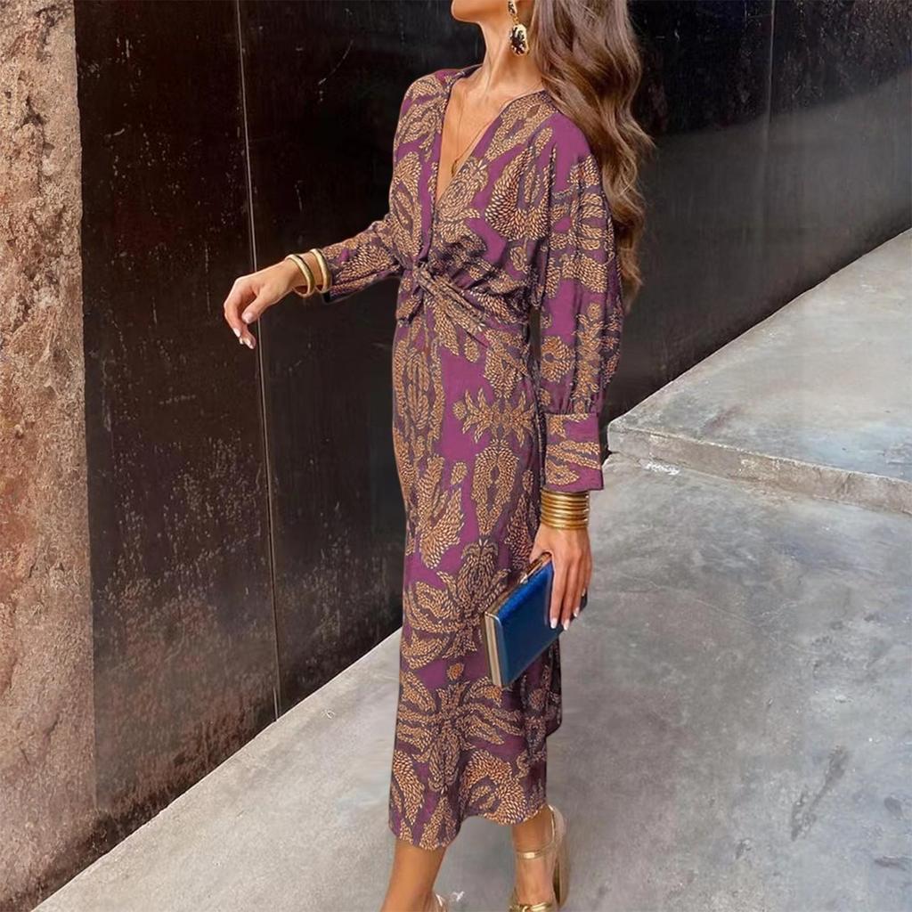 Dames Losse Comfortabele Modieuze Casual Bloemenprint Lange Mouwen Lange Jurk V-hals Jurk