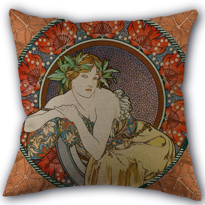 Custom Alphonse Mucha Art Pillowcase Cotton Linen Fabric Square Zipper Pillowcase 45X45 Wedding Decorative Pillow Cover