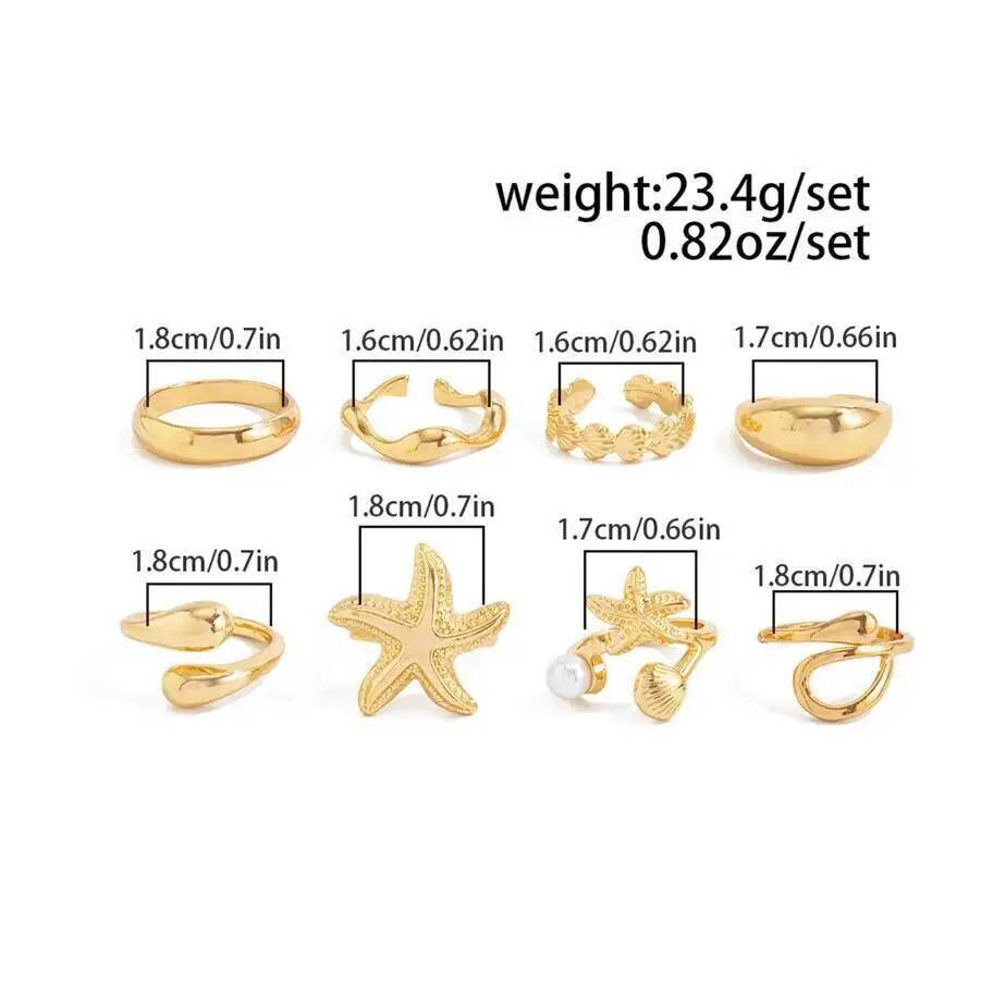 Ingemark 8pcs/set Bohemian Starfish Scallop Open Ring for Women Elegant Imitation Pearl Irregular Knuckle Ring 2026 New Jewelry