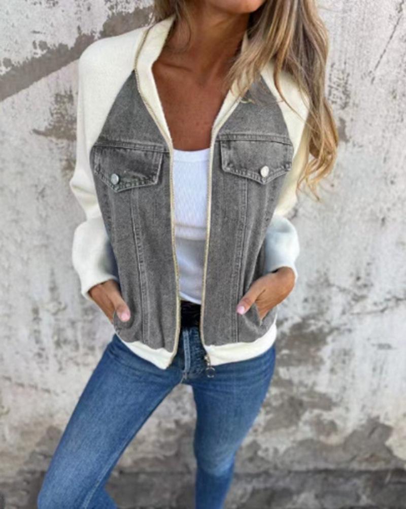 Denim Patchwork Knit Cardigan with Zipper Closure, Multiple Color Options