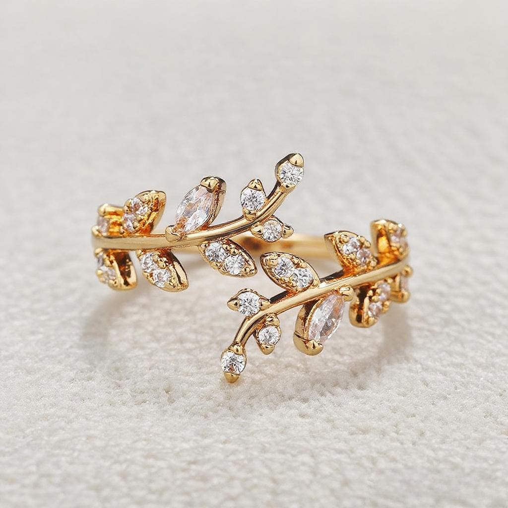Elegant Women's Personalized Ring, Exquisite Leaf Appearance Design, Inlaid with Shiny Synthetic Zircon
