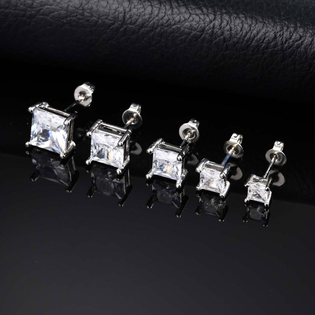 Vnox Square Cubic Zirconia Stud Earrings, 4-8mm Copper Material Earrings for Women Men, Gold Silver Color Post Ear Accessories