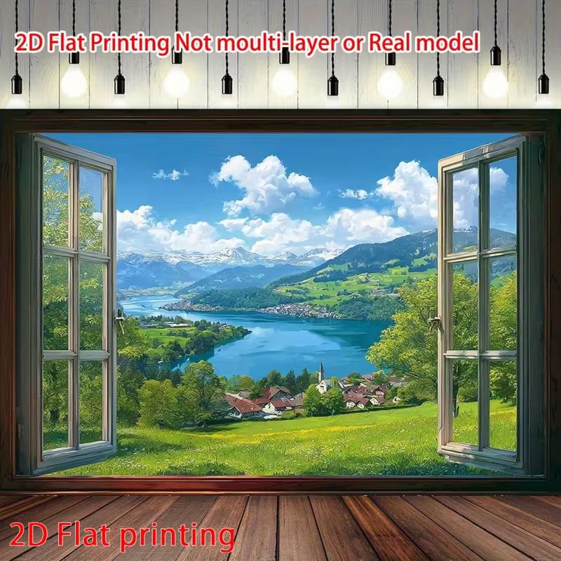 

2D Mountain View Backdrop, Open Window with Lake and Green Hills Background for Party Shoots 47.2x31.5inch/120*80cm