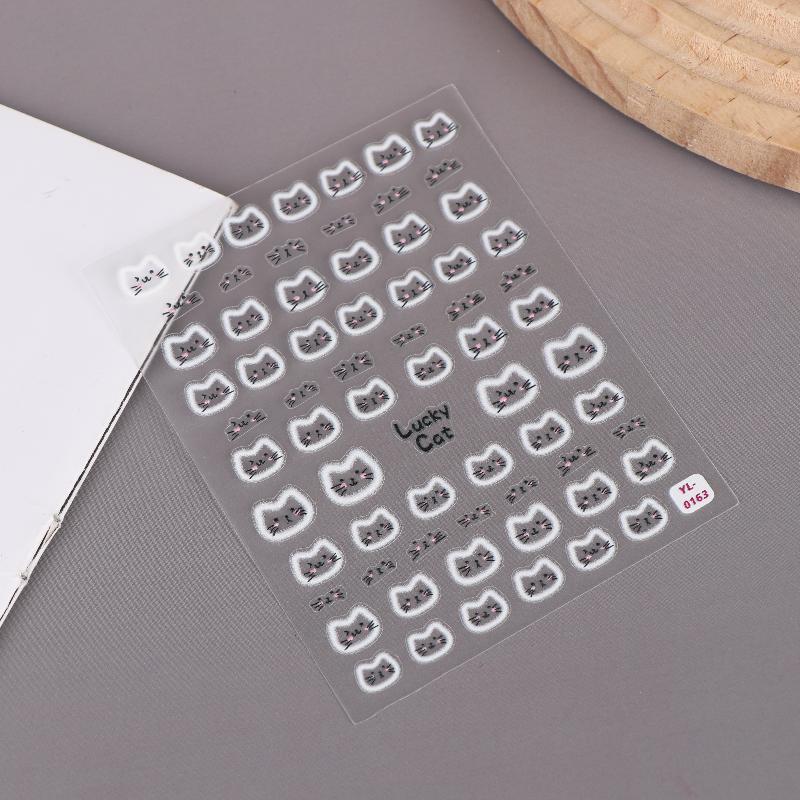 1/5Pcs White Halo Dyeing Cat Face Stickers DIY Nail Art Decoration Embossed Relief Nail Art Decals Accessories