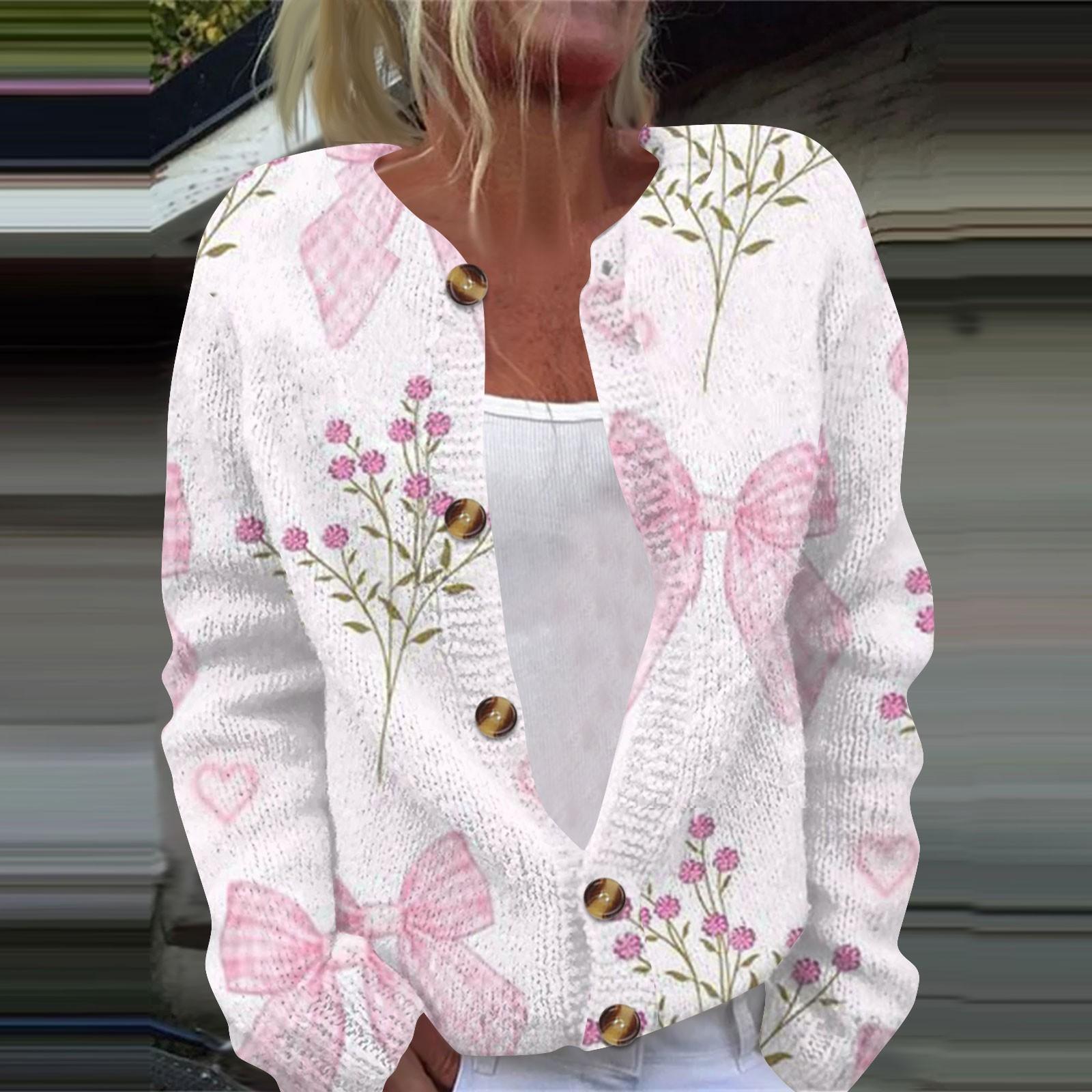 

Женская мода с принтом банта, длинный рукав, вязаный кардиган, куртка на пуговицах XL