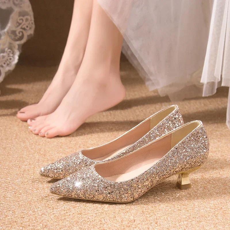 Fashion 2025 New Crystal Wedding Shoes Female 2024 New Gold Wedding Bridesmaid High Heels Bridal High Heels Zapatillas De Mujer