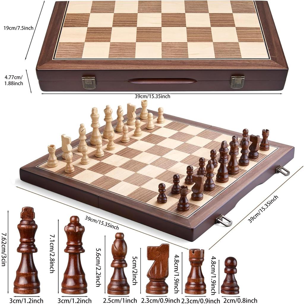 39Cm/15" Wooden Chess Set – Foldable Board, Handcrafted Pieces, Storage Slots, Gift Box, For Adults, Beginners & Tournament