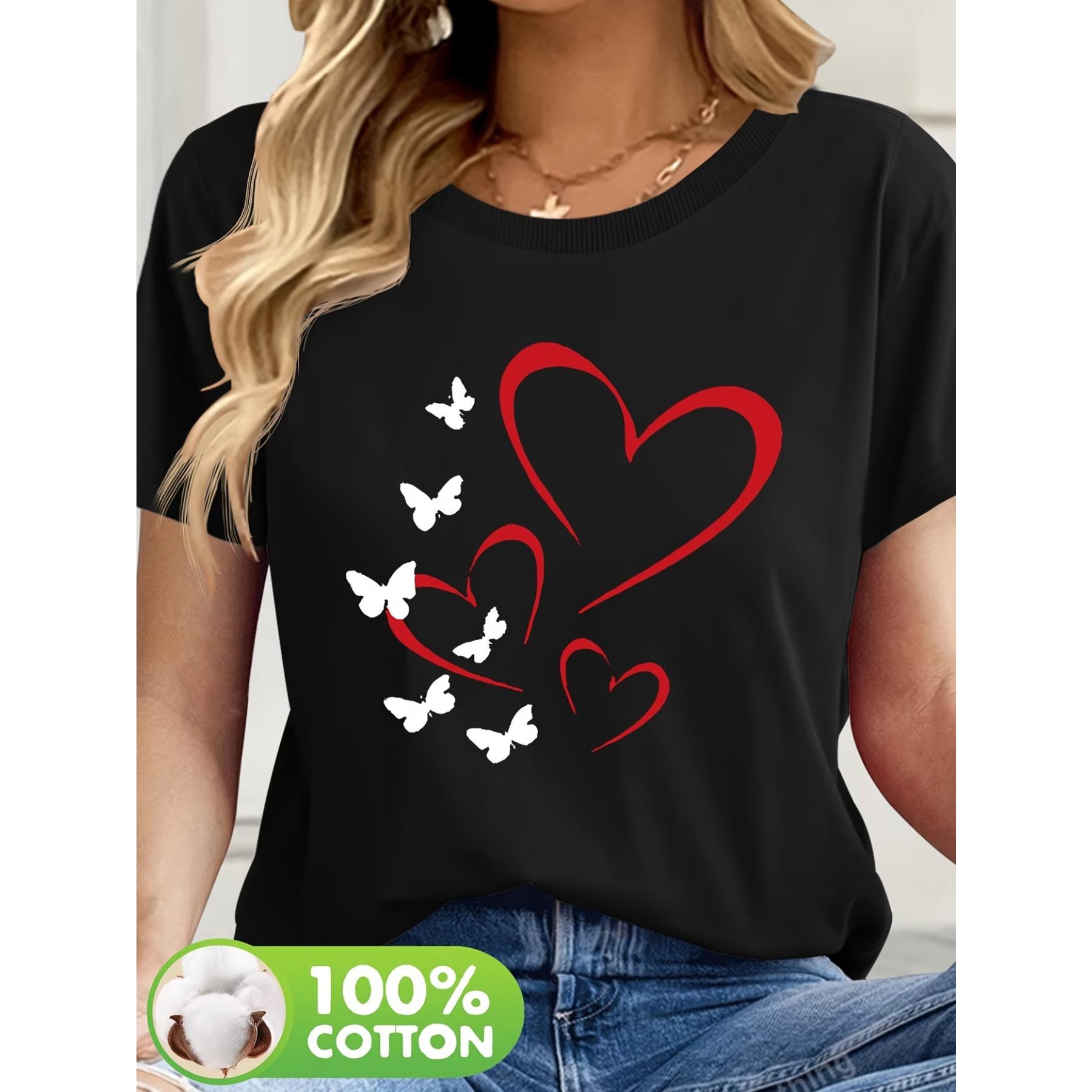 

Heart Love Pattern Printed Casual Round Neck Short Sleeve T-shirt Summer New Women s Wear XXL чорний
