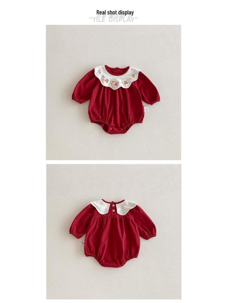 Herbst 2025 Baby Mädchen Bestickter Peter Pan Kragen Langarm Strampler