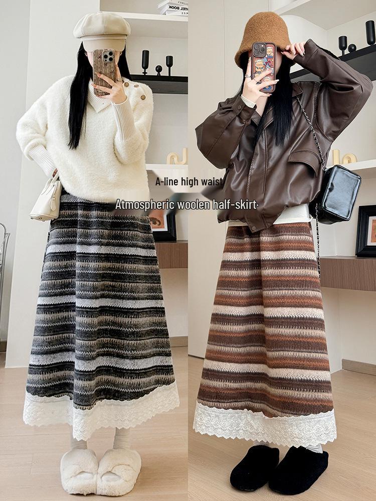 Women's Striped A-Line Skirt: Autumn/Winter 2025 High-Waist Wool Blend with Plus Velvet, Mid-Length Slimming Umbrella Style