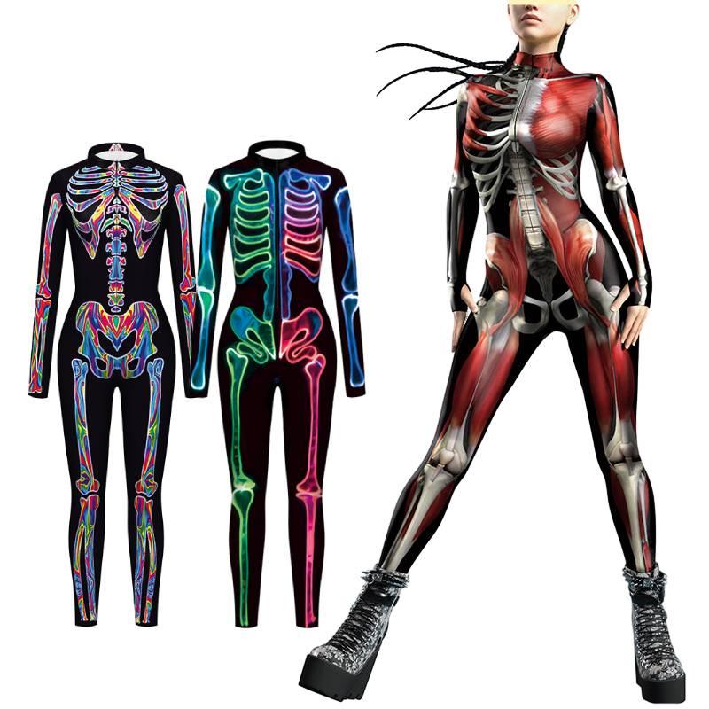Colorful Skeleton Bodysuit For Halloween Unique Digital Print Jumpsuit