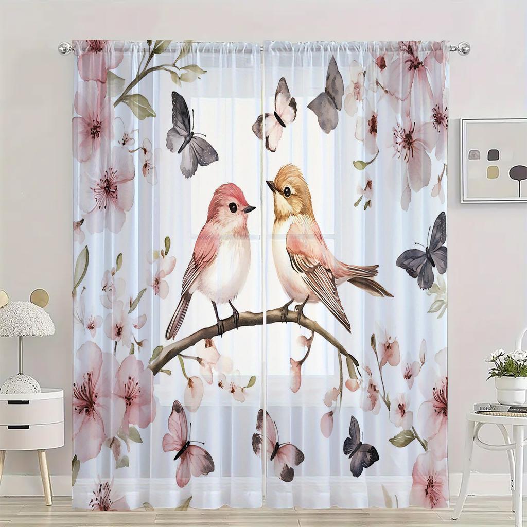 Set Of 2 Hd Digital Plant Bird Printed Window Screen Home Decor Style Decoration Living Room Bedroom Rod Curtain For Made Polyester