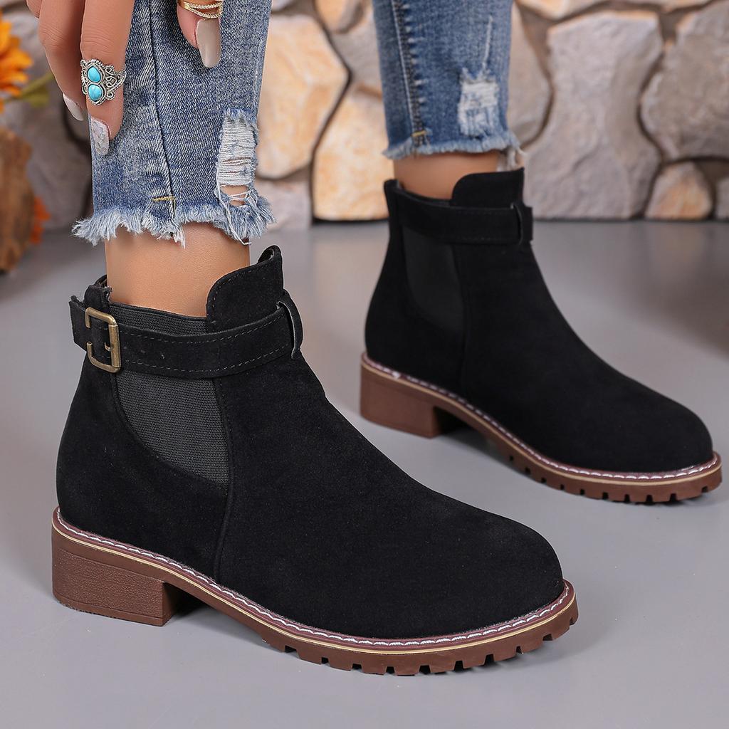 2025 Fall Mid-Heel Ankle Boots Women's Boots Plus Size Round Toe Solid Color Buckle Strap Martin Boots