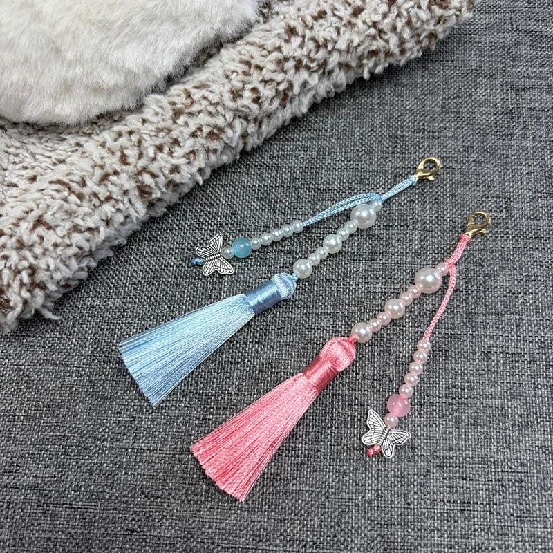 Faux Pearl Tassel Bag Charm With Retro Silver Butterfly Pendant Suitable For Handbags Backpacks Keys Hanfu Decoration