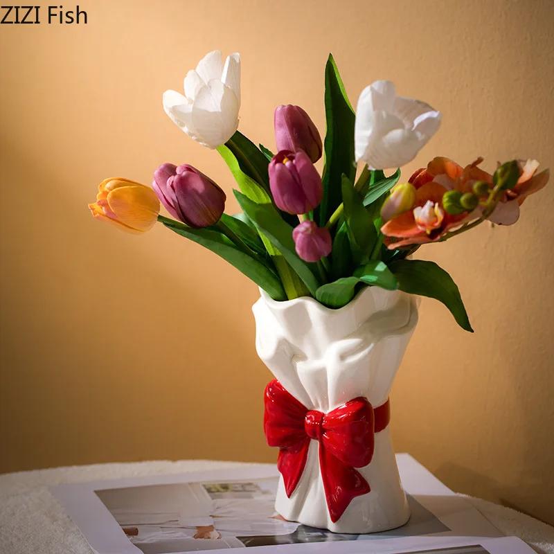 Lovely Bowknot Bouquet Creative Ceramic Vase Plant Pots Table Decoration Flowers Arrangement Flower Vases Room Aesthetic Decor