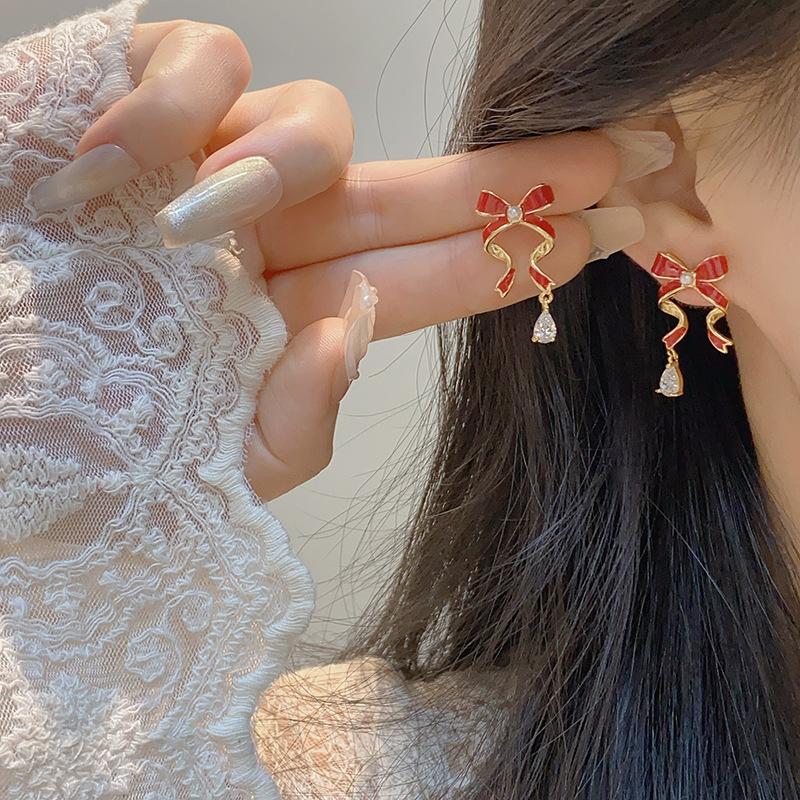 Vintage Red Bow Headband Earrings, High-End Earrings For Autumn And Winter Wedding Commuting