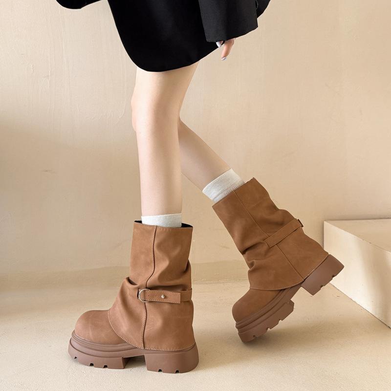 Retro Dicksohlige Kurze Stiefel für Damen 2026 Neuer Britischer Stil Herbst/Winter Maillard Stiefel
