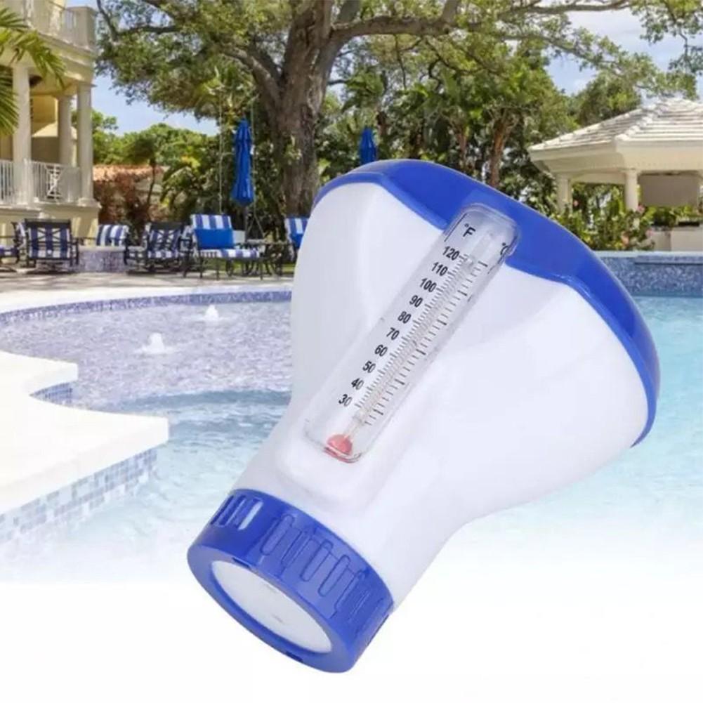 Swimming Pool Floating Dispenser with Built In Temperature Gauge for Tablets